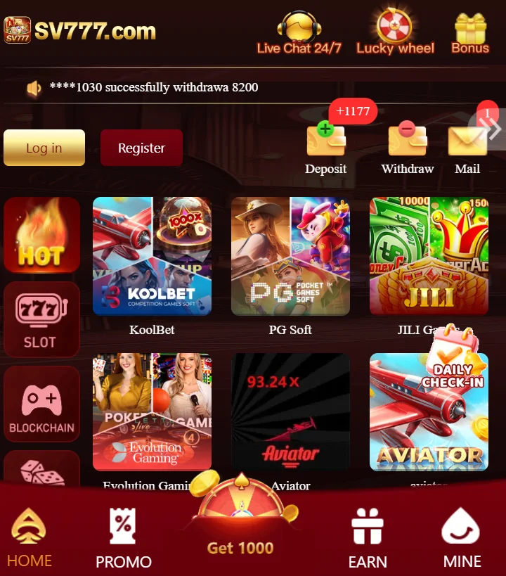 Sv777 game app interface showing games
