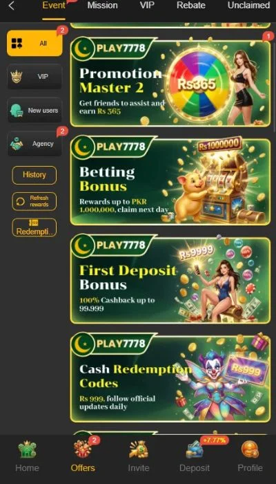 Play7778 game app interface showing rewrads and bonuses