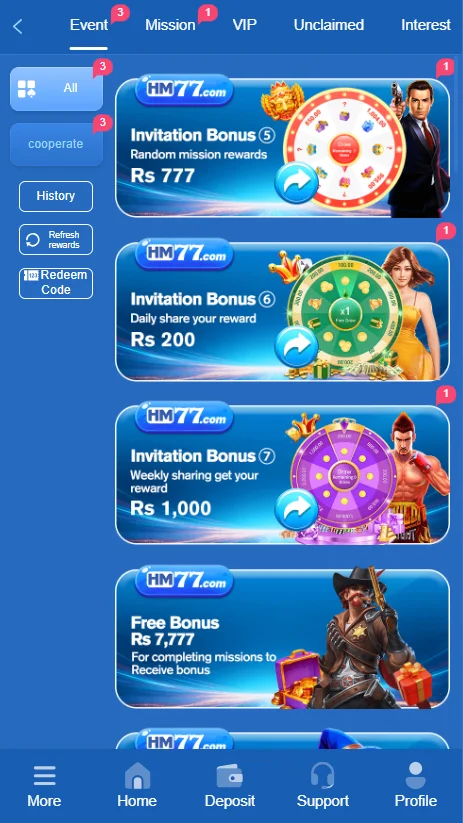 hm77 game app image showing rewards and bonuses for the user